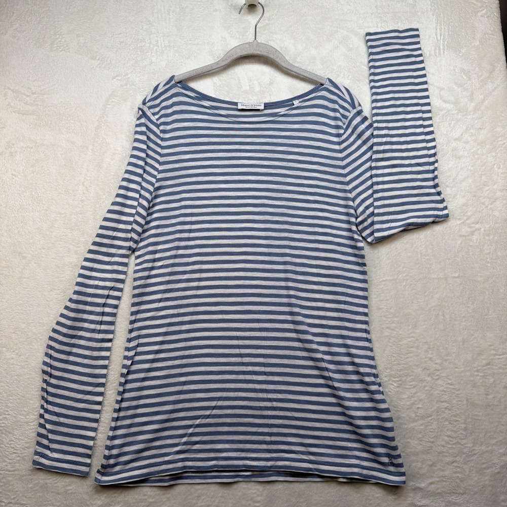 Marc O'Polo‎ Breton Stripe Shirt Womens Large Blue White Nautical Long Sleeve